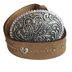 Tony Lama Little Girls Brown Leather Belt Silver Heart Buckle Rhinestones